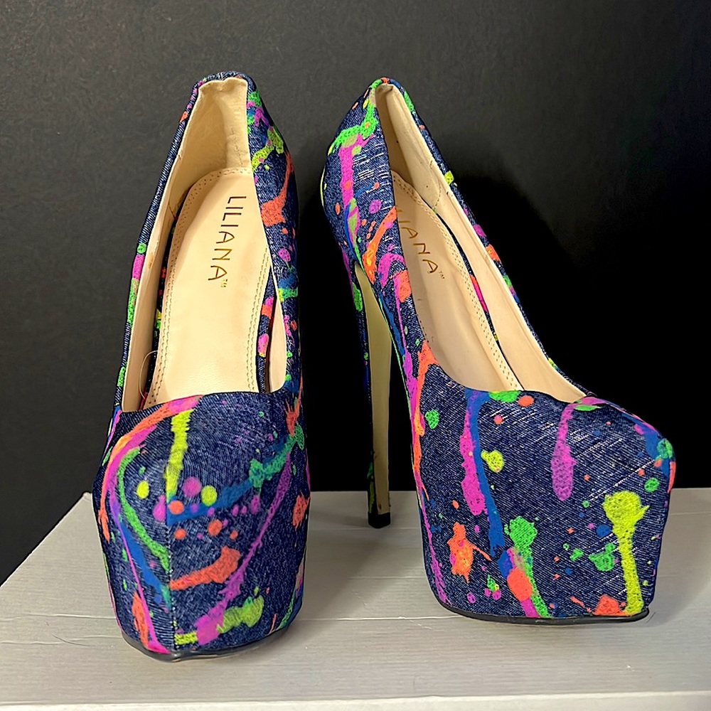 Size 7.5 Colorful Splatter Denim Platform Stiletto Heels